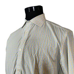 Bugatchi Uomo Men's Yellow Blue Check Long Sleeve Button Front Shirt 18.5 34/35